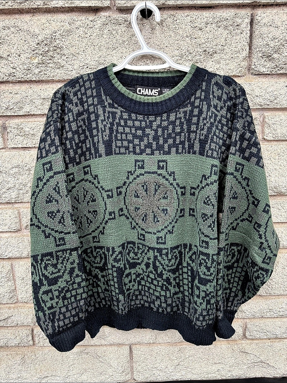 Vintage 90s CHAMS Geometric Knit Sweater Small Oversized Green Navy Korea